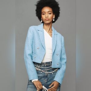 Anthropologie Maeve Pearl Button Tweed Cropped Blazer Light Blue Womens XL #1110